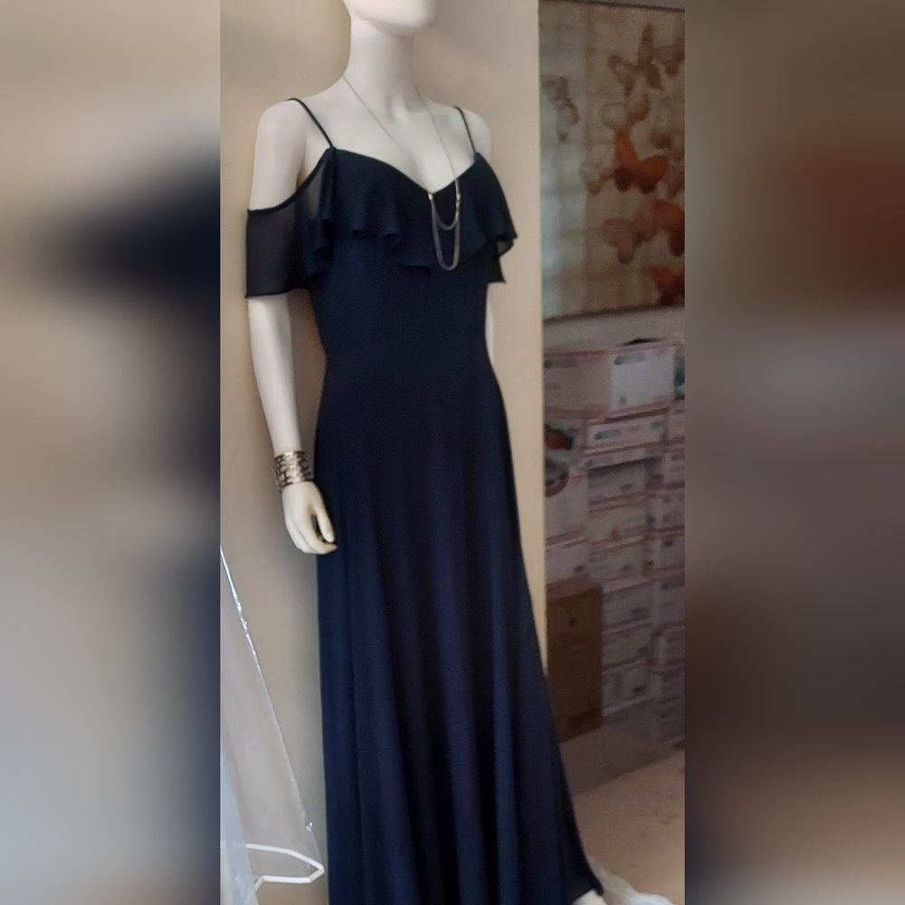 Levkoff Jodi Sz 10 Womens Navy Draped A-Line Chiffon Gown Wedding Formal Events